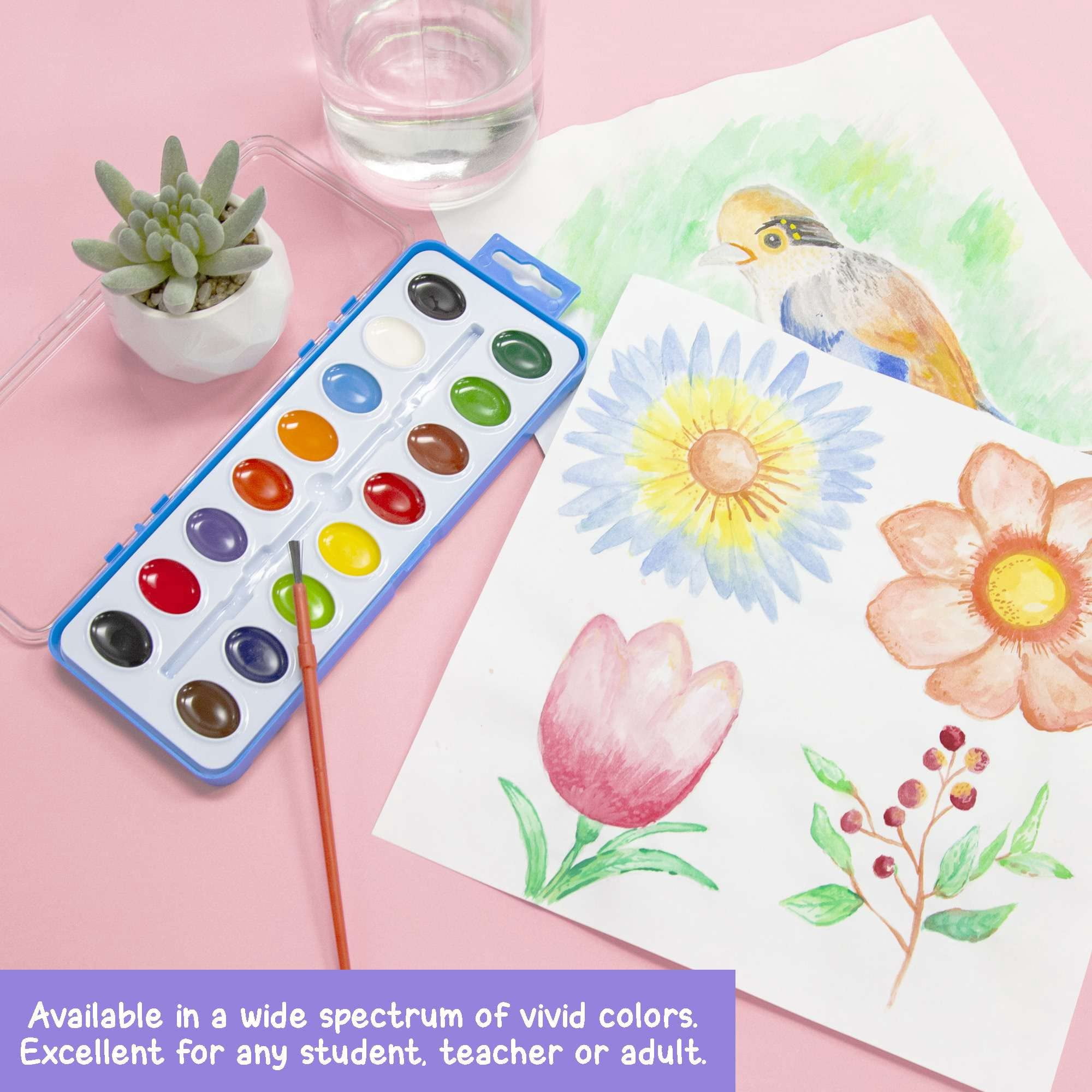 BAZIC Watercolor w/ Brush Semi Moist 16 Color, Non-Toxic Paint Set, 24-Pack