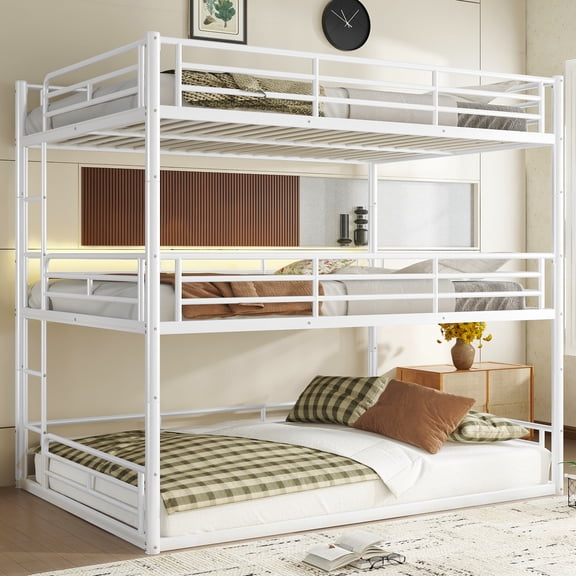 Queen over Queen over Queen Triple Bunk Bed, Heavy-Duty Metal Frame with Safety Guardrails, Noise-Reduced Design, Space-Saving Bunk Bed for and Teens, White