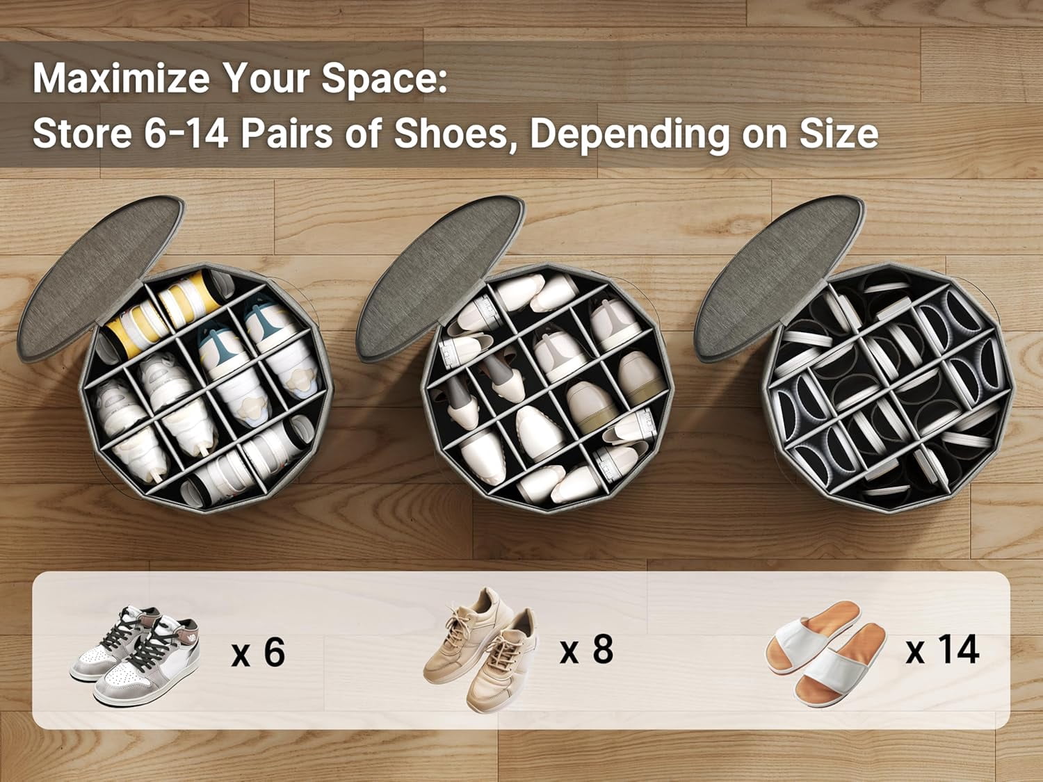 Shoe Organizer for Closet with Adjustable Dividers for Closet, Foldable Shoe Storage Box