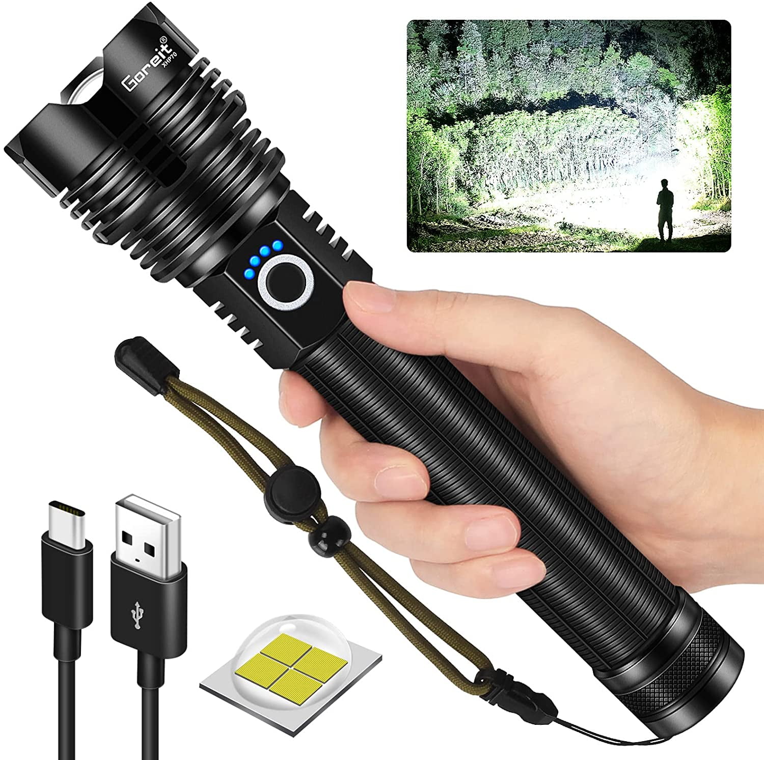 Goreit Flashlight High Lumens Rechargeable, 200000 Lumen Led Flashlights  XHP70.2 USB Super Bright Flash Light Battery Powered, Powerful Handheld