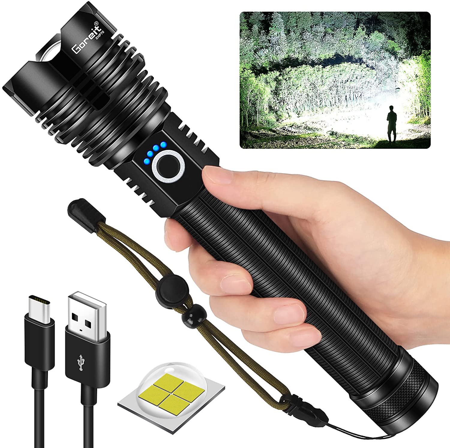 90000 lumens Powerful Led Flashlight, XHP70.2 Most Powerful Led Flashlight USB Zoom Rechargeable Torch Waterproof for Outdoor Sport - image 1 of 8