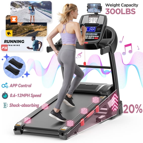 Folding Treadmill with 300lbs Capacity, Treadmill for Home with 20% Incline, Portable Treadmill with APP Control, 64+3+3+1Programs,Space-Saving Design