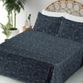 thumbnail image 3 of Ambesonne Tropical Fitted & Flat Sheet with Shams 4 Pcs Set, Sketch Style Night Leaves, Calking, Dark Petrol Blue Amber, 3 of 5