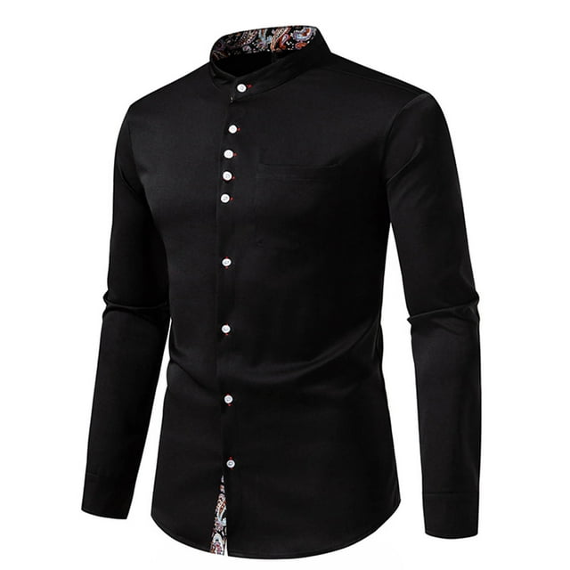 Blusa y camisa de manga larga con cuello alto para hombre, informal, con botones y retazos, de manga larga y cuello alto.
