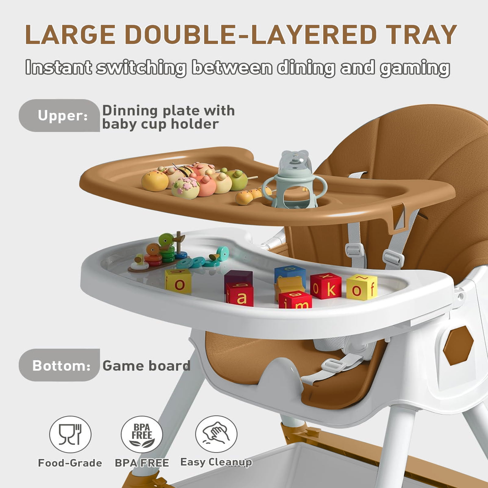 ManyFun-4-in-1 Baby High Chair Portable Toddler Baby Dining Chairs-Dining Booster Seat for Eating-Dinner Plate and Toy Rack,Brown