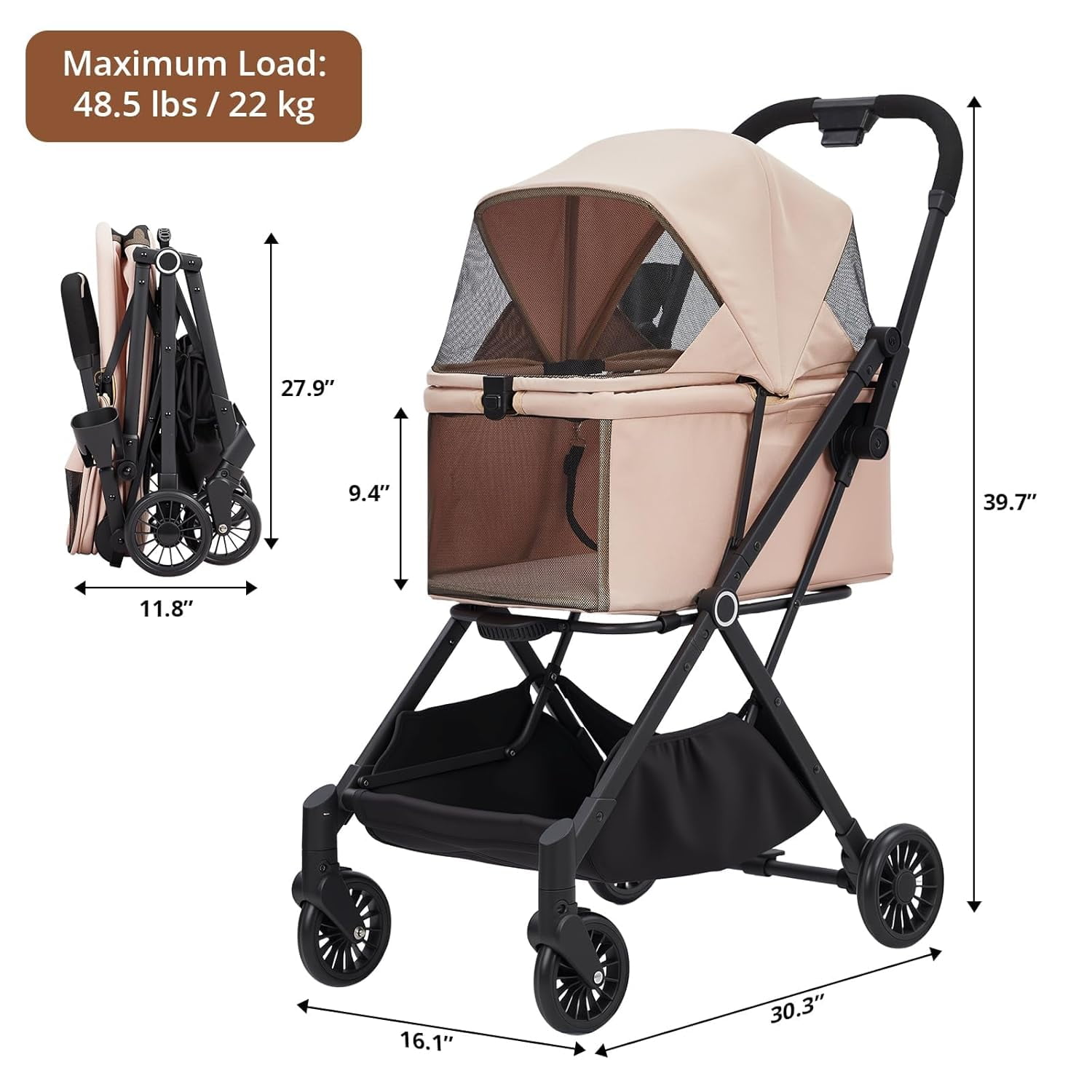 Historyli Dog Stroller-4-Wheel Lightweight Foldable Pet Stroller-50 LBS Capacity,360-Degree Swivel Front Wheels & Foot Brake,Portable Pet Carrier for Small Medium Dogs Cats Puppy
