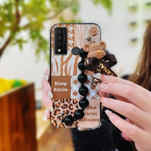 Lulumi-Phone Case For TCL 20 XE, Back Cover silicone protective case Bear bracelet cute Cartoon phone case Waterproof soft case Simplicity Black pearl pendant Dirt-resistant Anti-knock