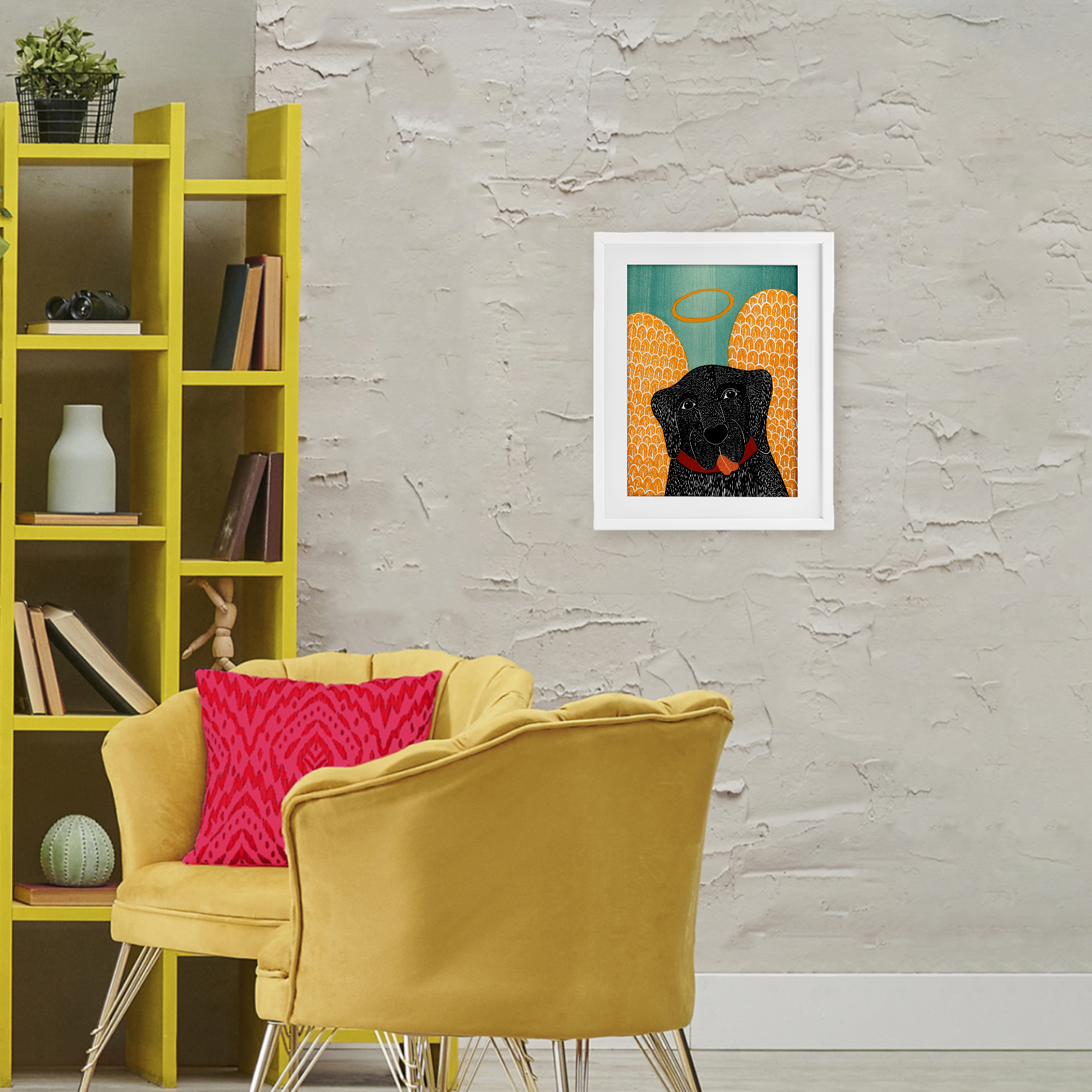 Dog Angel with Yellow Wings White Framed Print Under Glass, design by Stephen Huneck