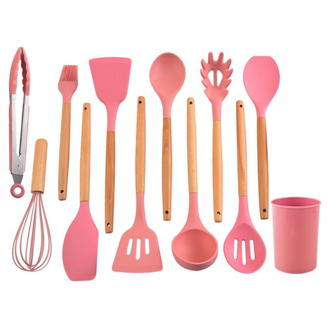 Cocina Herramientas de cocina Conjunto Mangos de madera Silicona Manejo de aceite Cepillo de aceite Spaghetti Garra Horneado Hogar para el hogar Utensilios de cocina Accesorios Pink 12 piezas Speravity HA028300-06
