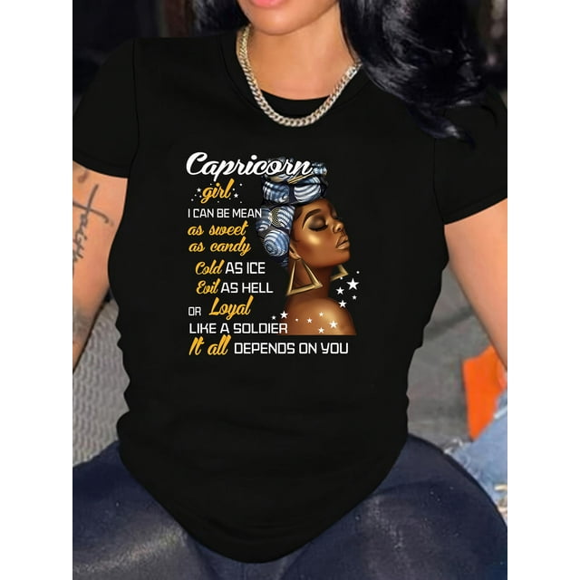 Camiseta Capricornio para mujer, de algodón, cuello redondo, manga corta, top informal con estampado de pañuelo, tejido de punto de elasticidad media, primavera/verano/otoño - Negro, top deportivo de
