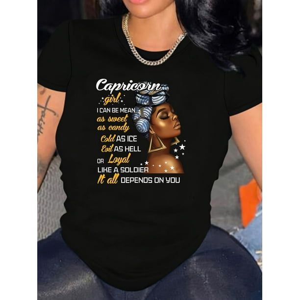 Camiseta Capricornio para mujer, de algodón, cuello redondo, manga corta, top informal con estampado de pañuelo, tejido de punto de elasticidad media, primavera/verano/otoño - Negro, top deportivo de