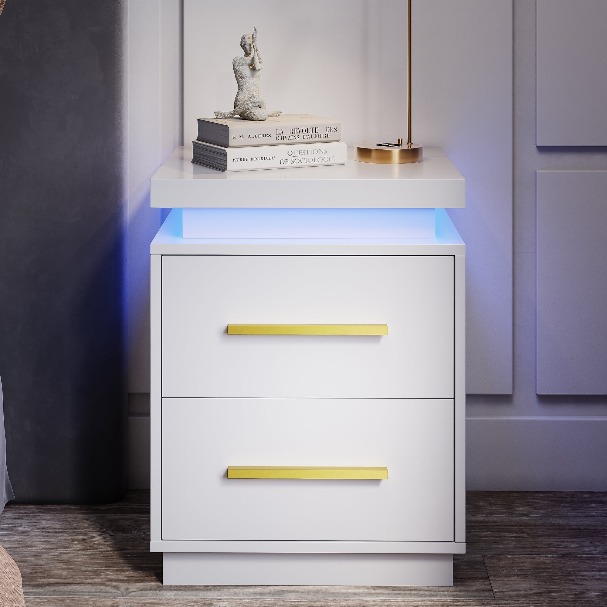 BELLEZE End Tables Set of 2, Nightstands Beside Tables with RF Remote-Controlled LED Lights, Two Drawers, and Gold Metal Handles for Bedroom or Living Room - Zoey (White)