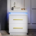 thumbnail image 5 of BELLEZE End Tables Set of 2, Nightstands Beside Tables with RF Remote-Controlled LED Lights, Two Drawers, and Gold Metal Handles for Bedroom or Living Room - Zoey (White), 5 of 7