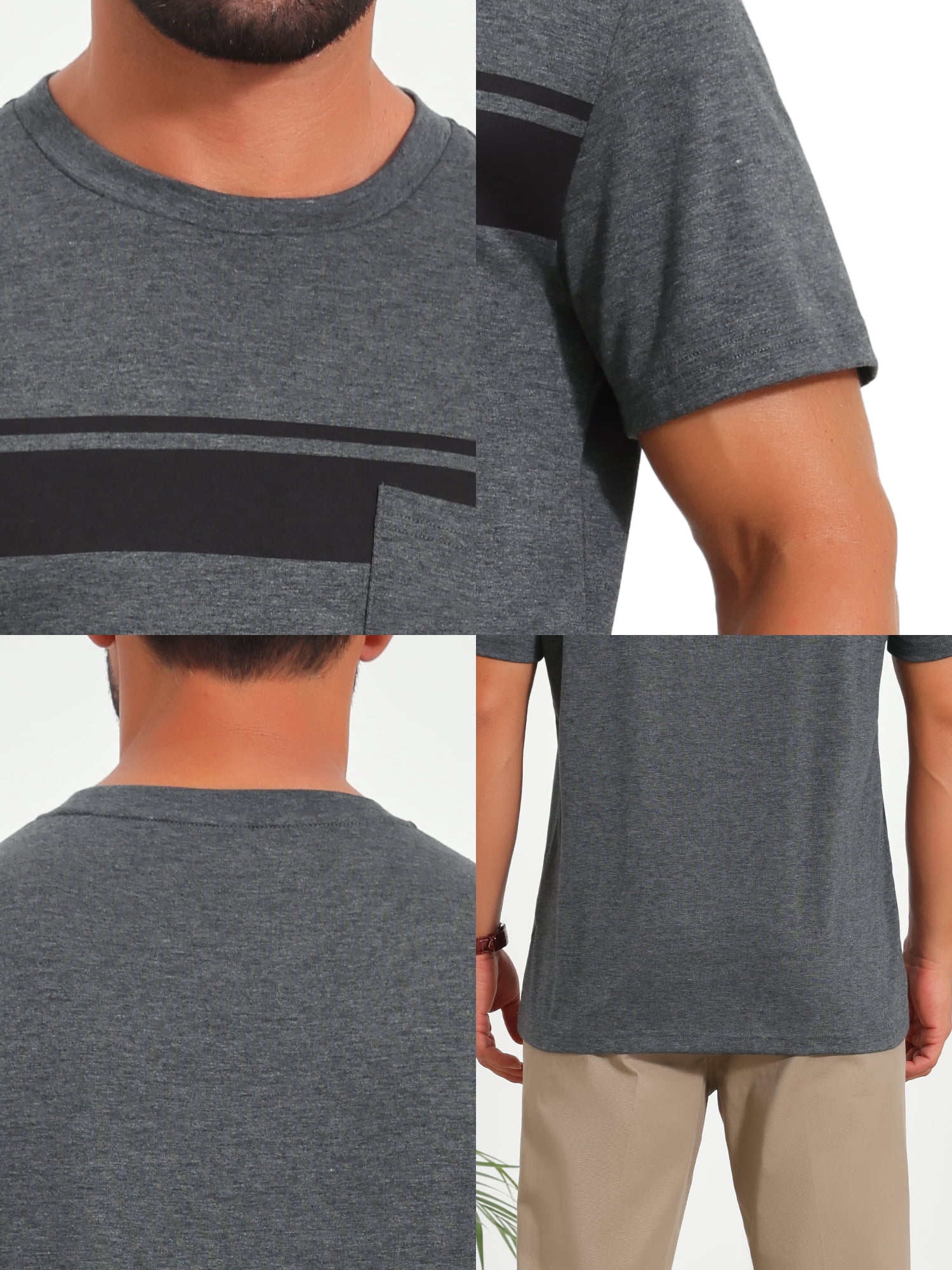 DARING DIVA Men's Chest Pocket Striped Print Crew Neck Short Sleeve T-Shirt 2XL Dark Gray