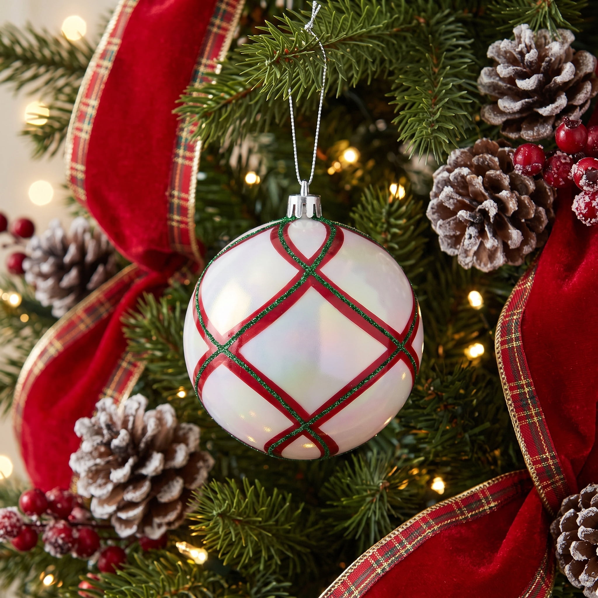 8-Count Red/Green/White Glitter Stripe Ball Shatterproof Christmas Ornaments, 4.3", by Holiday Time