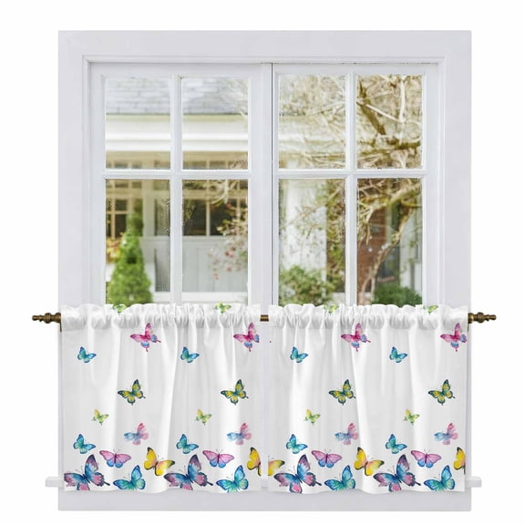 Vintage Colorful Butterfly Tier Curtains 24 Inch Length, Watercolor Butterflies Farmhouse Cafe Short Curtains for Bathroom Over Sink, Small Kitchen Curtain Light Filtering Drapes 2 Panels 27.5"Wx24"L