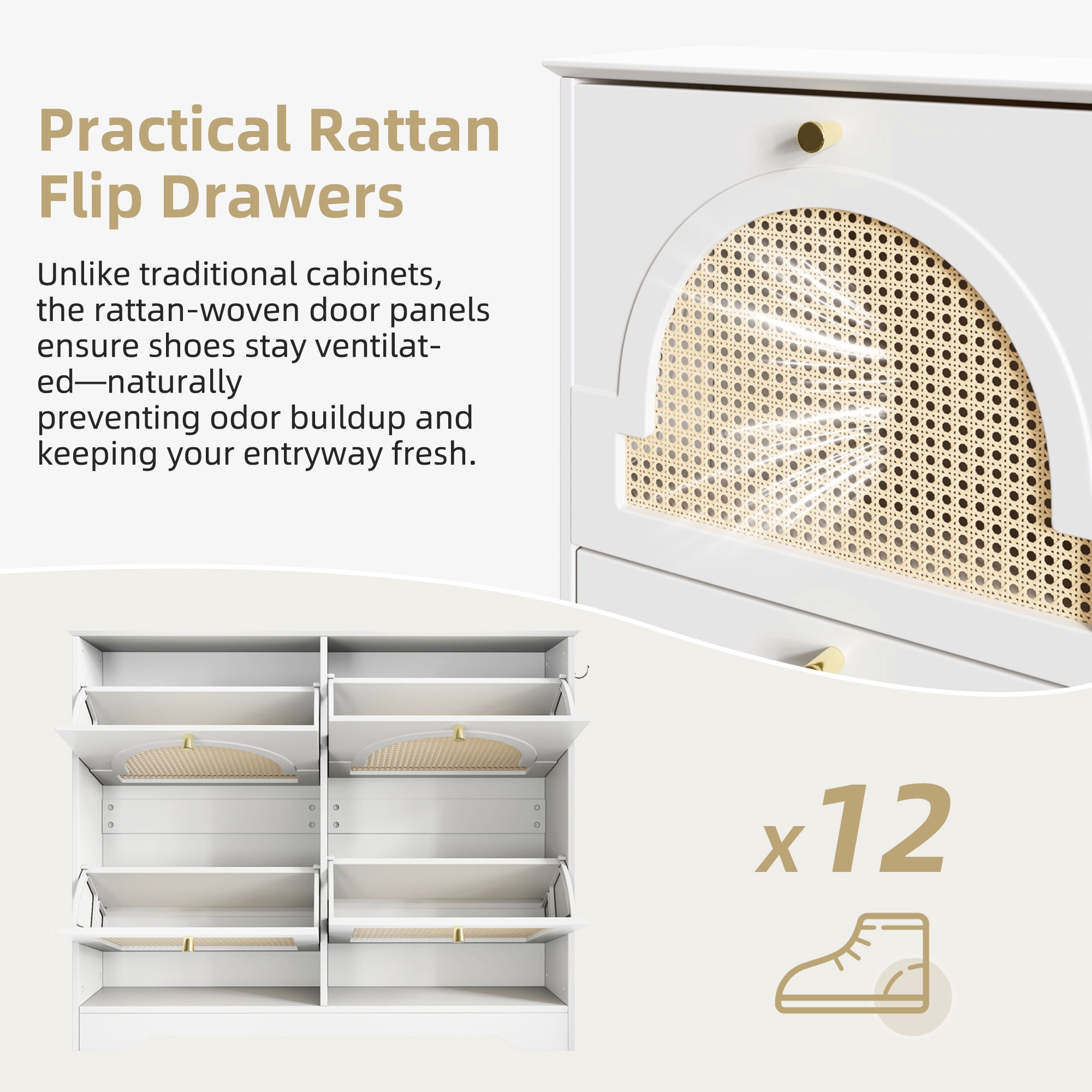 Euroco Mid-Century Rattan Shoe Cabinet with 4 Flip Drawers, Arched Doors, and Side Hooks, Holds up to 12 Pairs of Shoes