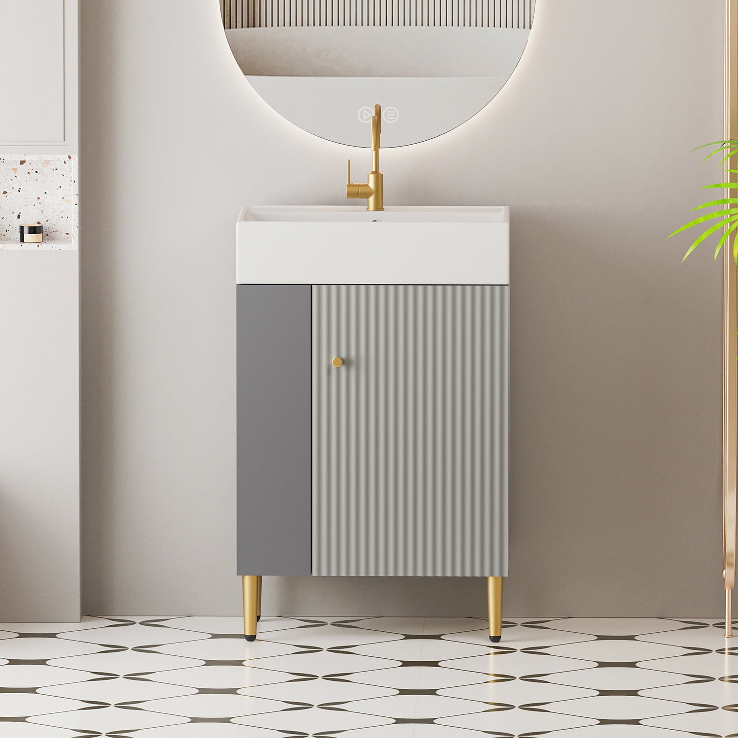 Demi Bonn 21" Bathroom Vanity with Ceramic Sink and Soft-Closing Door, Cloakroom Open Shelf Storage Cabinet on the Left Side, Faucets and Drains Not Included, Gray