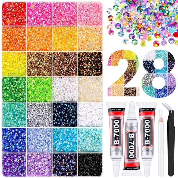 HOCIRET 28 Color Resin Jelly Rhinestones For Bedazzling,3Mm Flatback Gems For Crafting,Bedazzling Kit With 3Pcs B7000 Glue For Clothing Shoes Nail Book Diamond Art