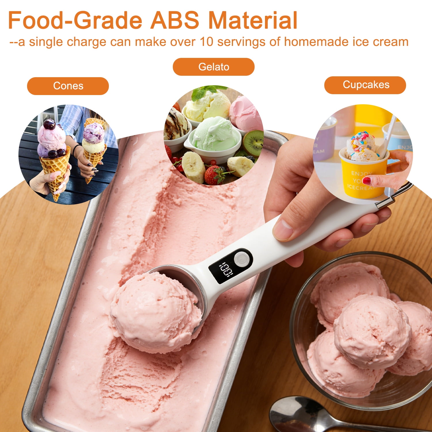 Heated Ice Cream Scoop with Switch, Electric Rechargeable Ice Cream Scooper with LED Display & Detachable Battery, Heats to 158°F in 60s