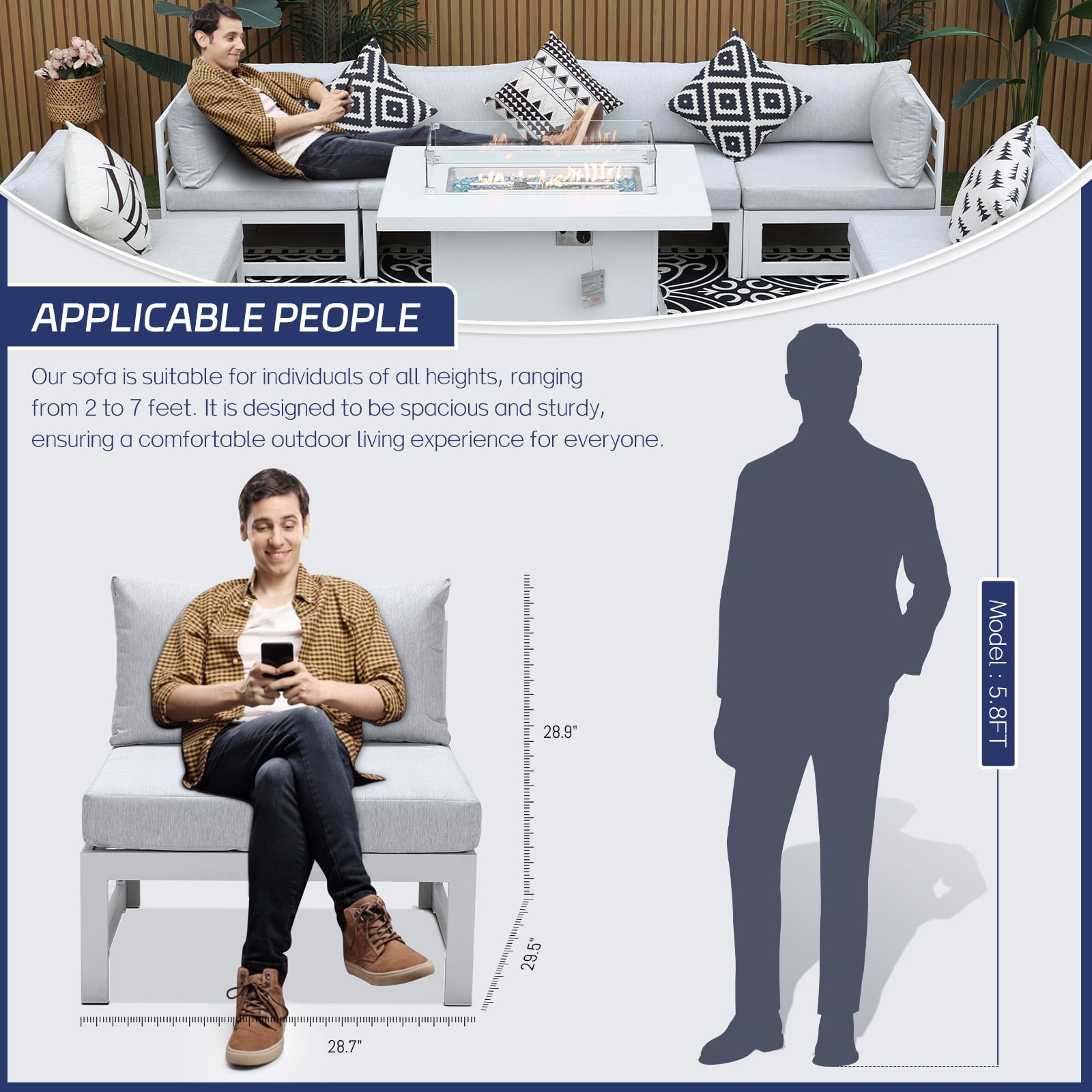 RADIATA Aluminum Outdoor Furniture with Fire Pit Patio Sofa Conversation Set White 6 Seating