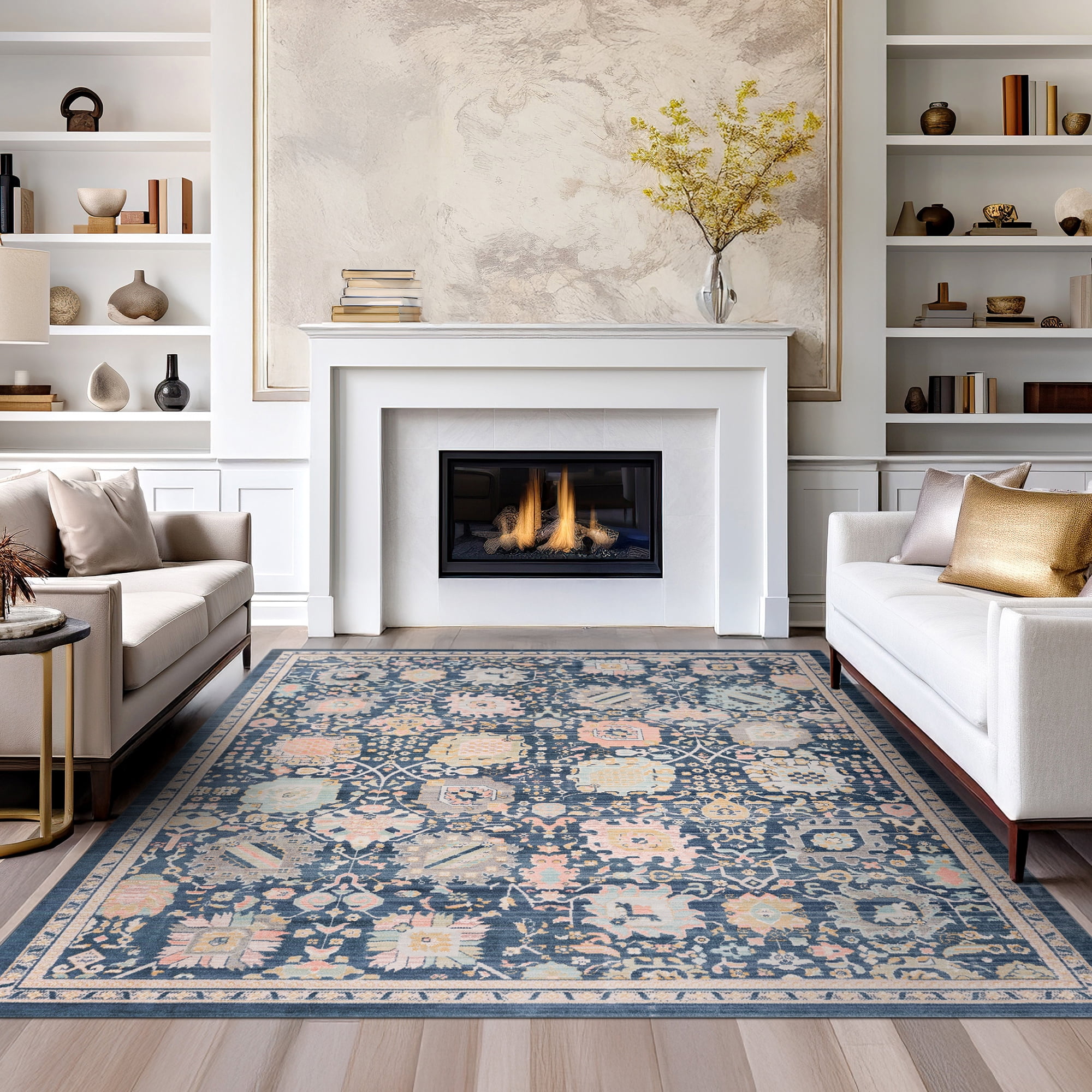 Crestwood Traditional Oriental 2'3'' x 7'7'' Navy and Aqua Polyester Indoor Runner Rug, 2'3'' x 7'7''