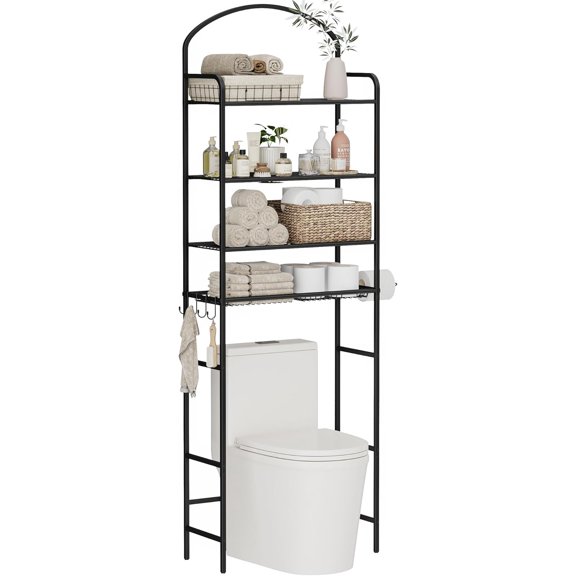 4-Tier Over The Toilet Storage, Bathroom Organizer, Space-Saving, Above Toilet Storage Rack with 4 Hooks and Paper Holder, Metal Shelf, Black