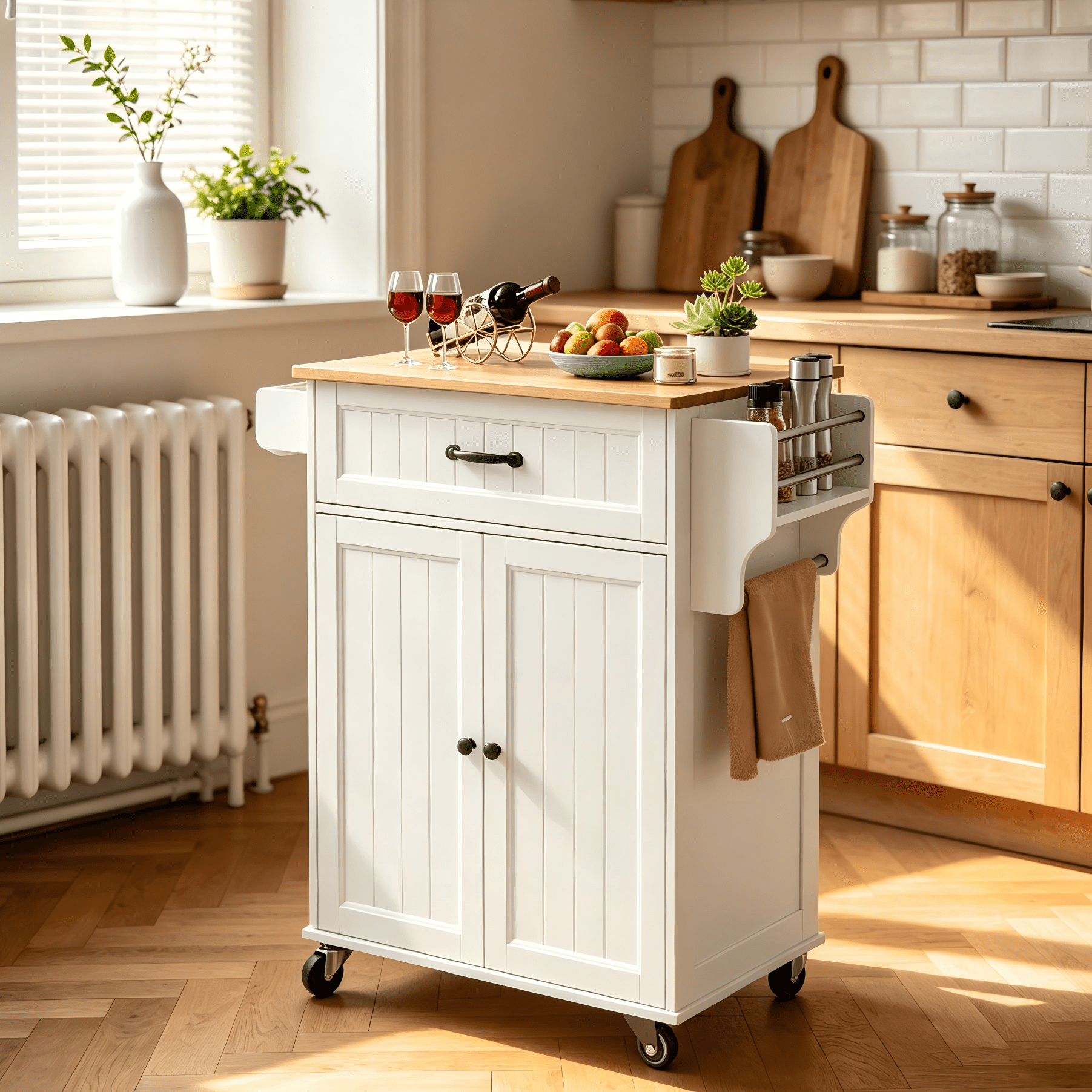 Lofka Kitchen Island Cart with Storage on Wheels, Microwave Stand with Spice Rack & Towel Rack, White Rolling Kitchen Cart with Drawer, Adjustable Shelf for Small Kitchen, Dining Room