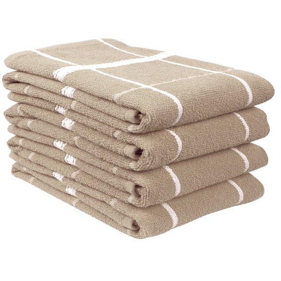 MALLOWEX Terry Kitchen Towels, Super Soft and Absorbent, Solid Checks, Dish Towels, Tan, 4-Count, 16 x 26 Inches