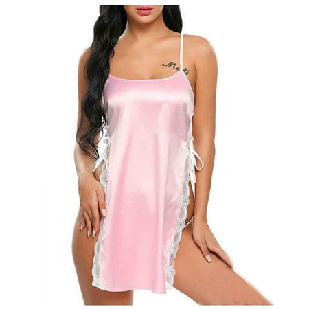 

TQWQT Women Satin Lingerie Nightgown Sexy Silk Nighty Side Slit Lace Babydoll Chemise