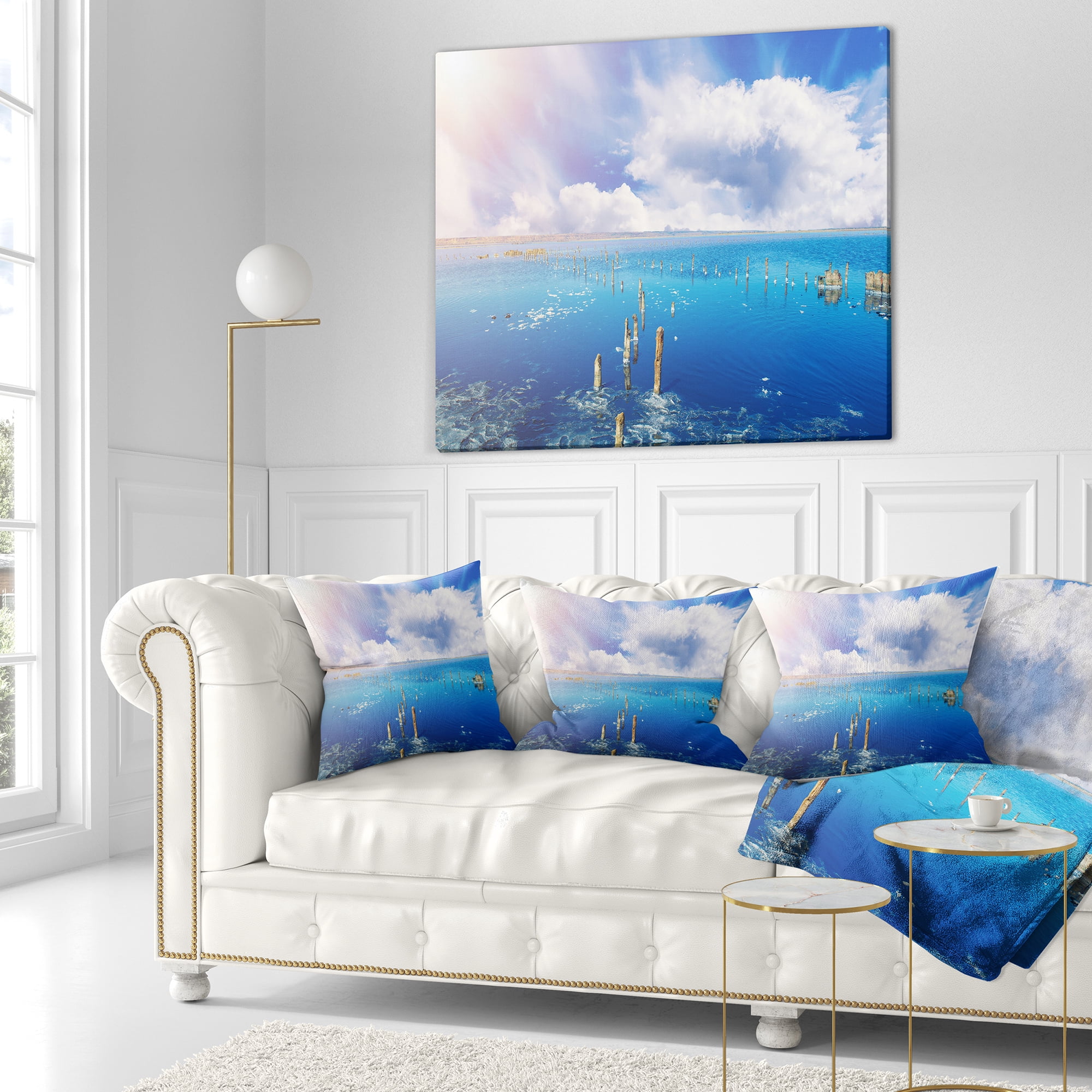 Designart Blue Salt Lake under Clouds - Seascape Throw Pillow - 16x16
