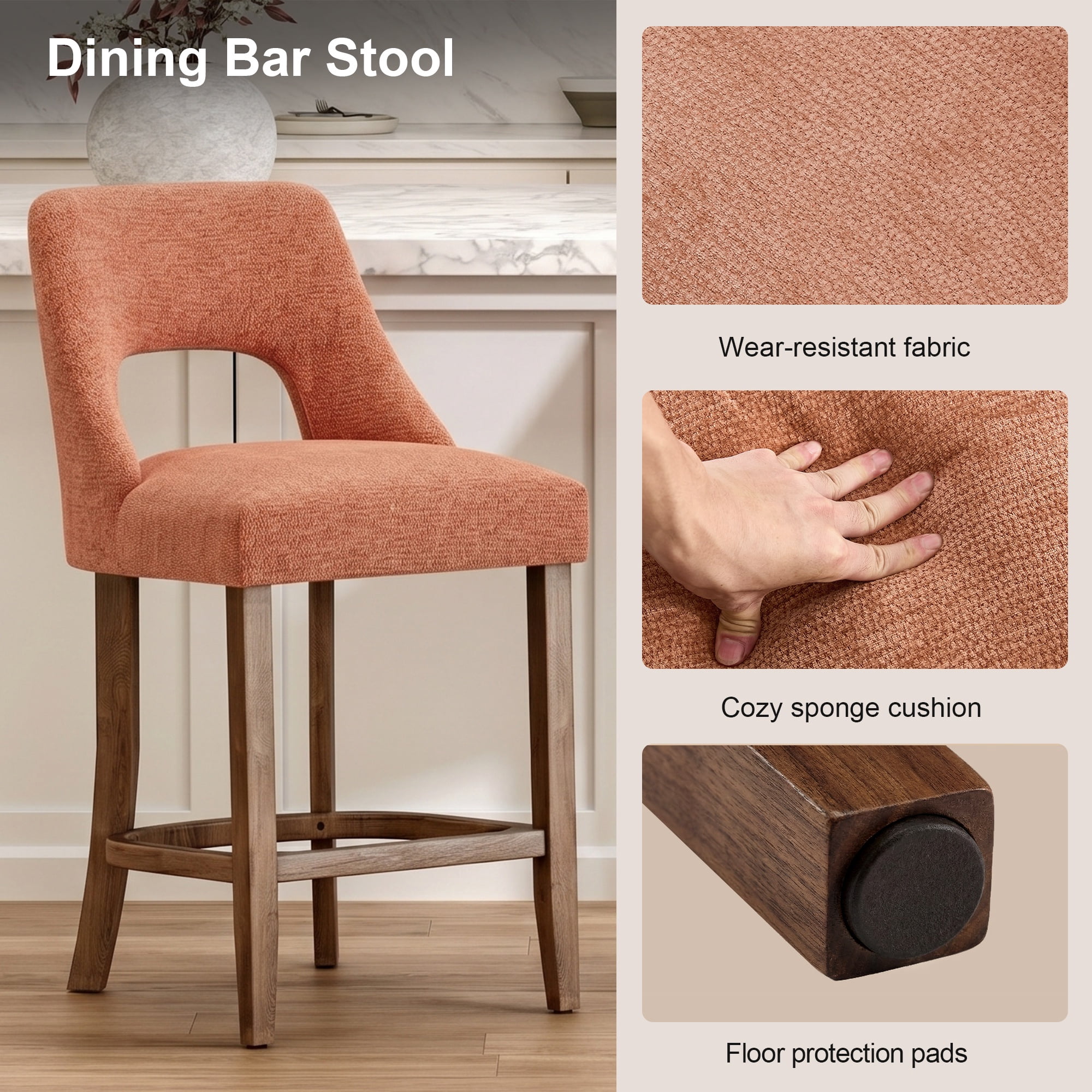 PORKISS 26" Bar Stools Set of 2, Upholstered Kitchen Island Stools with Hollow Back, Mid-Century Counter Stools with Wood Legs Footrest, Orange