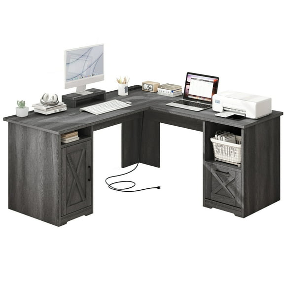 DWVO L Shaped Desk with Drawers, 60" L-Shaped Desk with Power Outlets, Corner Computer Desk , Home Office Desk with Monitor Stand, Grey