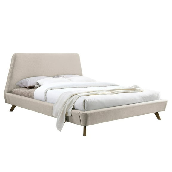 Omax Decor Henry Wood and Fabric Upholstered Queen Platform Bed in Beige