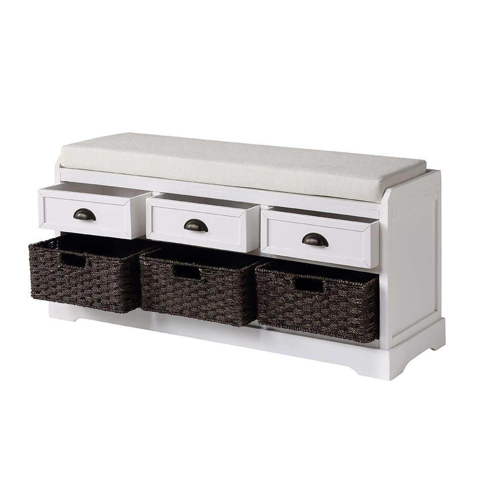 Lowestbest Wood Storage Bench, Entryway Bench with 3 Drawers and 3 Baskets, Grey Lowestbest Wood Storage Bench, Entryway Bench with 3 Drawers and 3 Baskets, Grey
