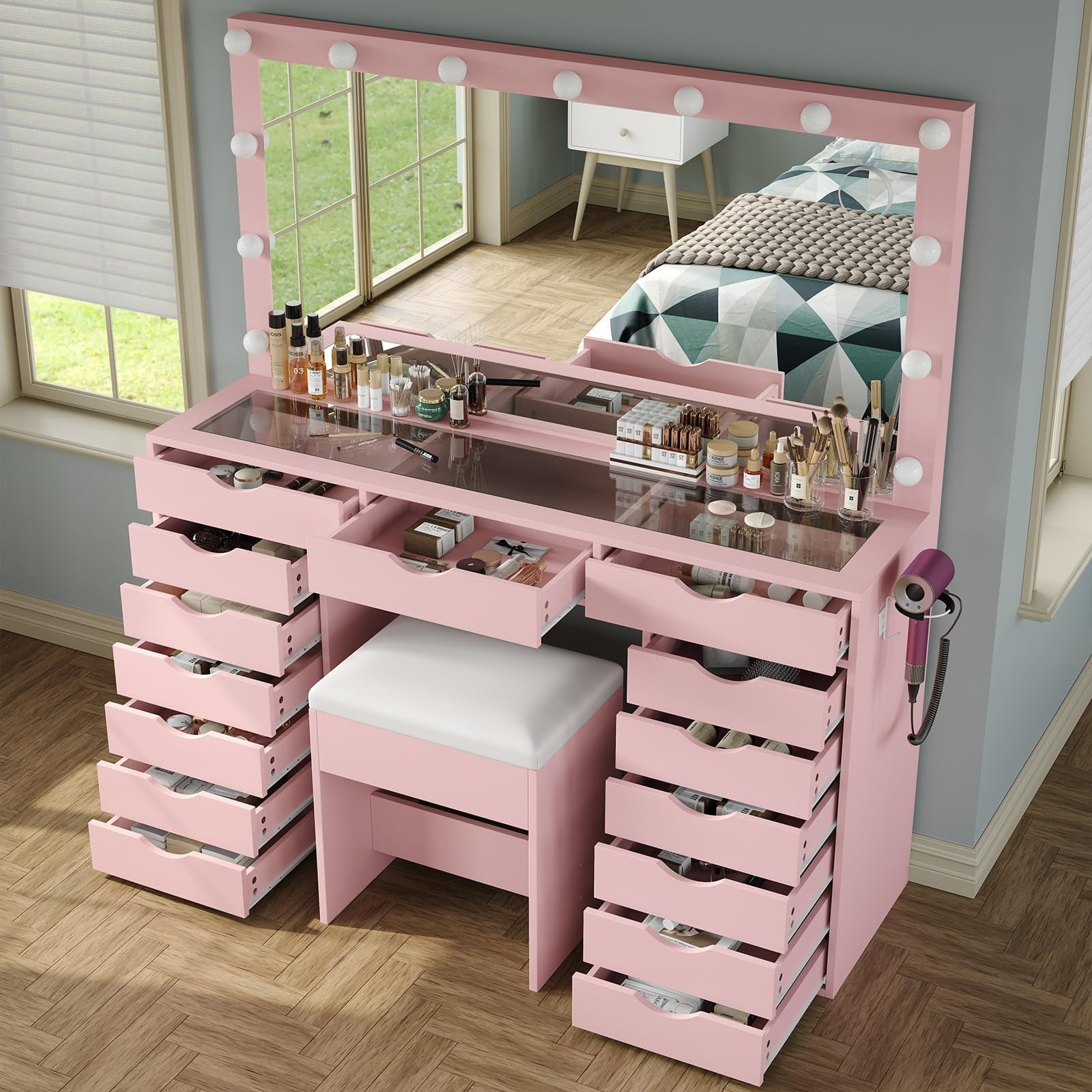 Yanosaku 15-Drawer Vanity Desk with Mirror, Power Outlet, LED Lights, Glass Top Dressing Table for Bedroom