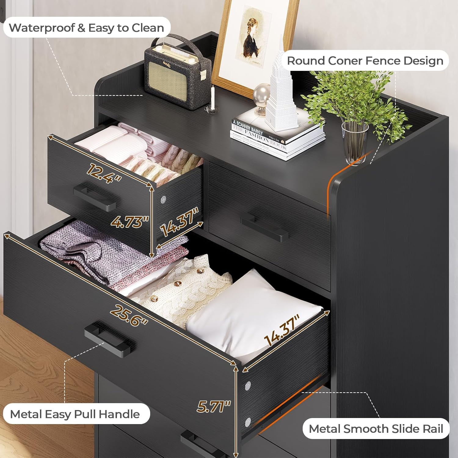 Aunfebrco 6 Drawer Dresser Chest of Drawers Tall Storage Organizer for Bedroom Living Room Hallway, Black
