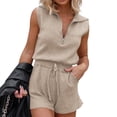 thumbnail image 2 of Sleeveless Women's Casual Shorts Rompers Summer Half Zip Lapel Collar Drawstring Knit One Piece Jumpsuit with Pockets, 2 of 7