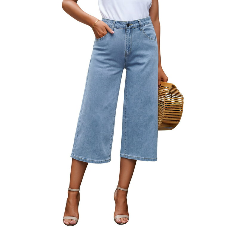 Vetinee Women's High Waisted Denim Pants Wide Leg Cropped Capri Jeans  Roadknight Blue Size 2XL Fit Size 20 Size 22