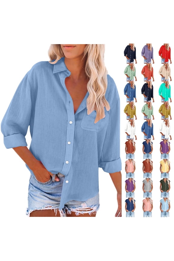 Button Up Shirts for Women Cotton Linen Casual Tops Long Sleeve Button Down Blouses Sexy Solid Color Turn-down Collar Tops Light Blue