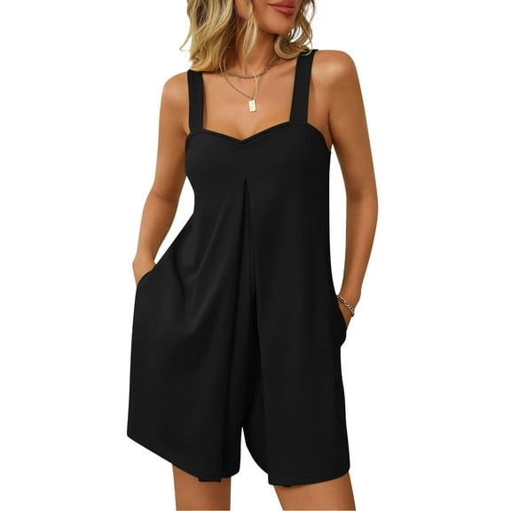 PULLIMORE Women’s Sleeveless Romper - Soft & Breathable, 4 Pockets, Loose Fit Shorts (L, Black)