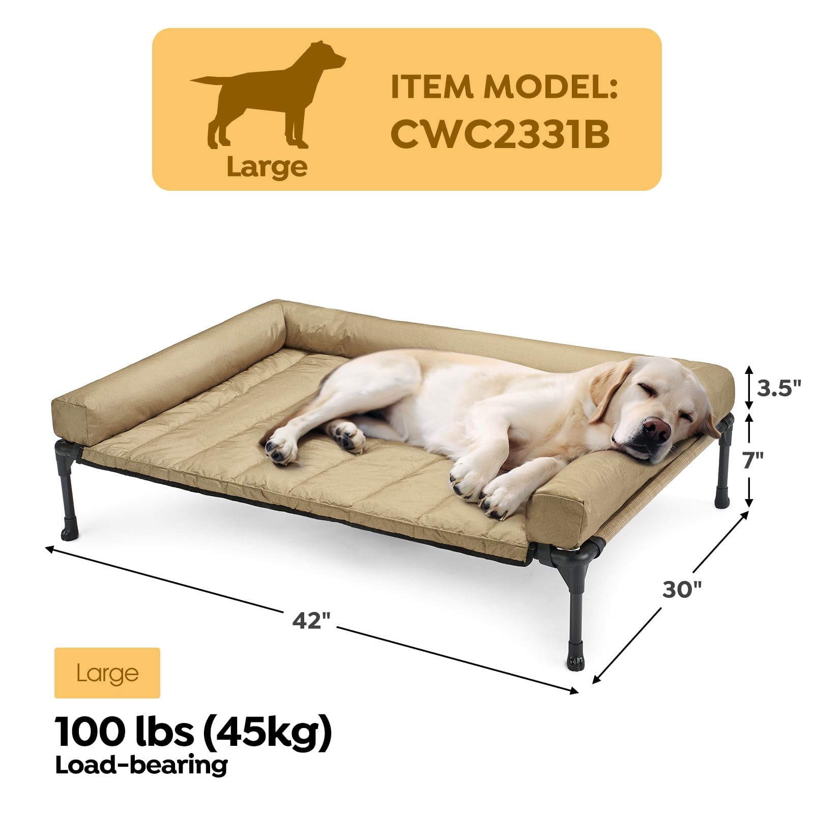Elevated Dog Bed Add Removable Waterproof Bolster Cushion Mat  Raised Pet With Breathable Teslin Mesh No-slip Feet Couch For Indoor Outdoor 42x30inches Beige Cwc2331b
