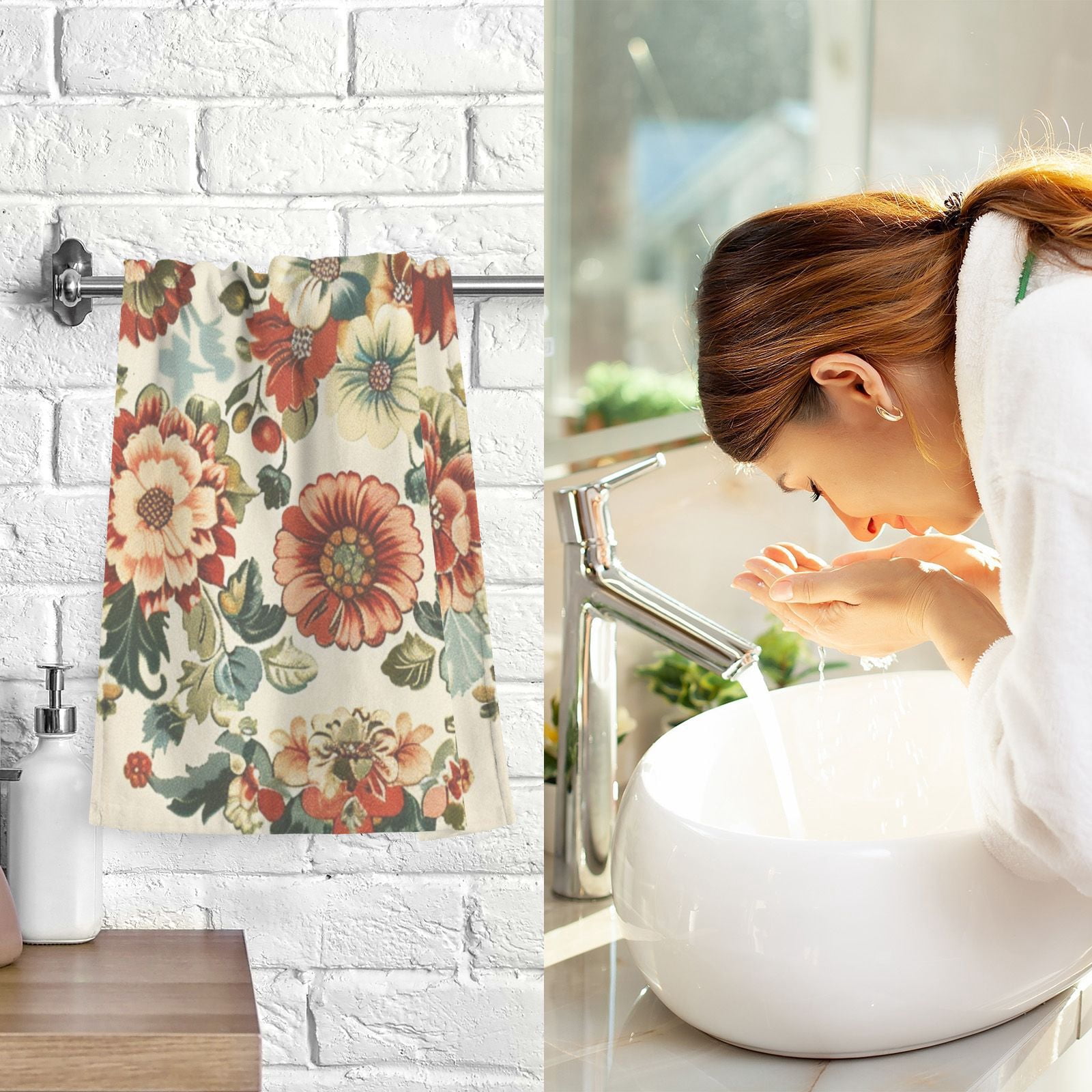 Vintage Medallion Floral Flowers Hand Towels Cotton Bath Towels Large Face Towels Absorbent for Bathroom 2 Packs