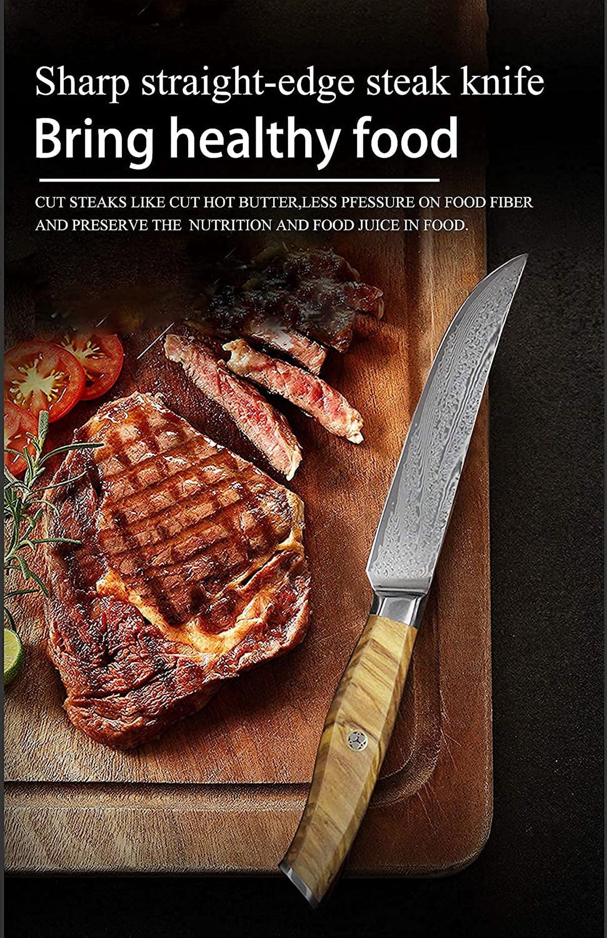 Fzkaly Steak Knives, 5 Steak Knives Set of 6, Damascus Steak Knives, Super Sharp Non-Serrated Steak Knife Set in Gift Box, Full-Tang Ergonomic