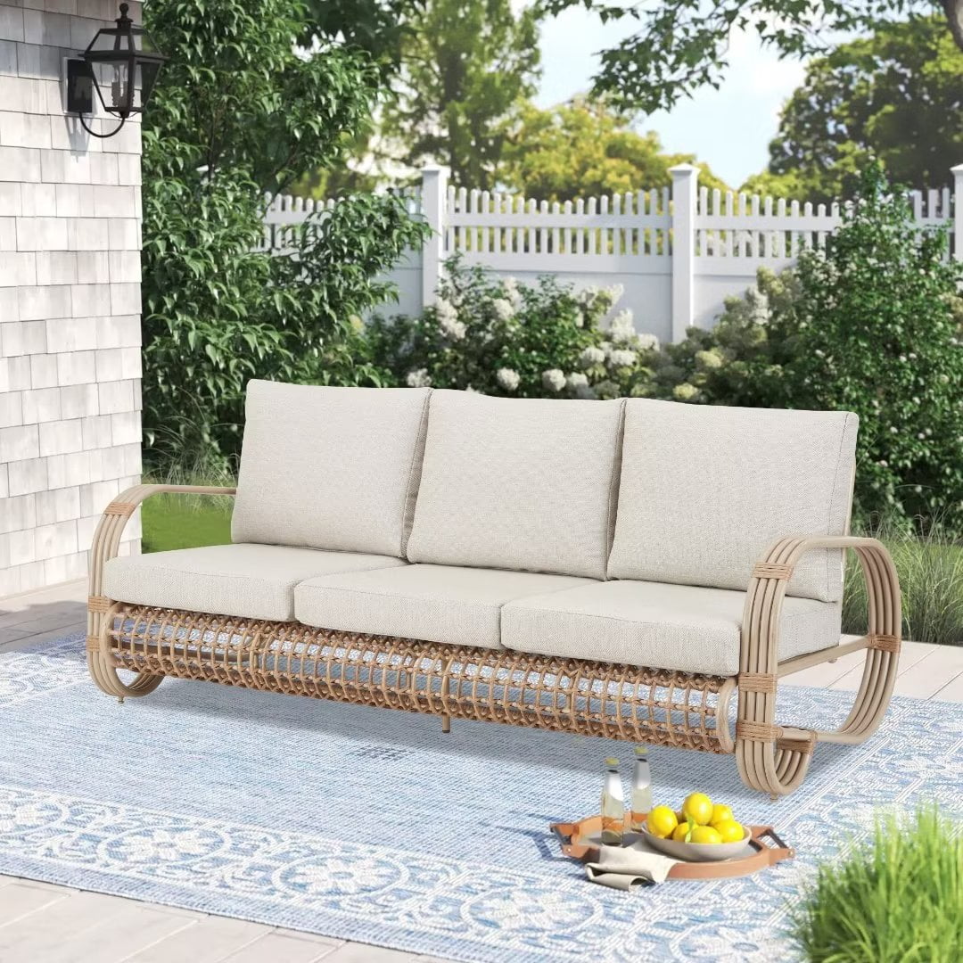 Ulax Furniture Patio Aluminum Loveseat Wicker 3 Person Bench Outdoor