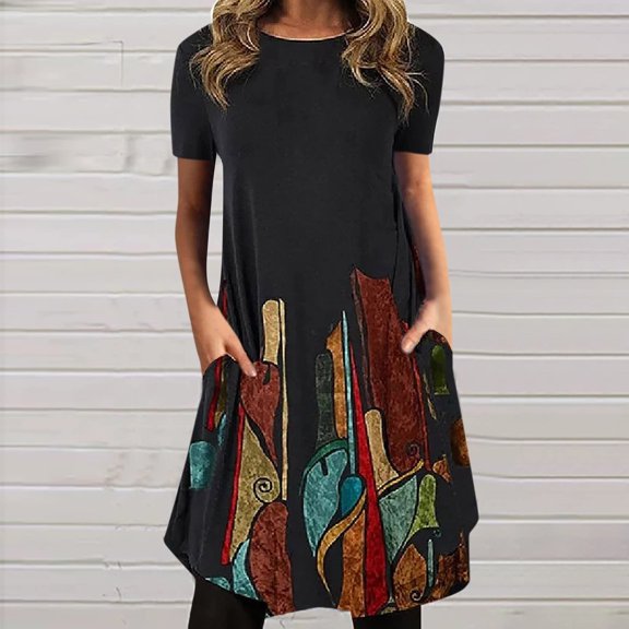 Wycnly Summer Dresses for Women Loose Swing Pocket Tunic Tshirt Midi Dresses Short Sleeve Round Neck Tie-Dye Print Knee-Length 2024 Casual Dress Multicolor m Clearance Under $5