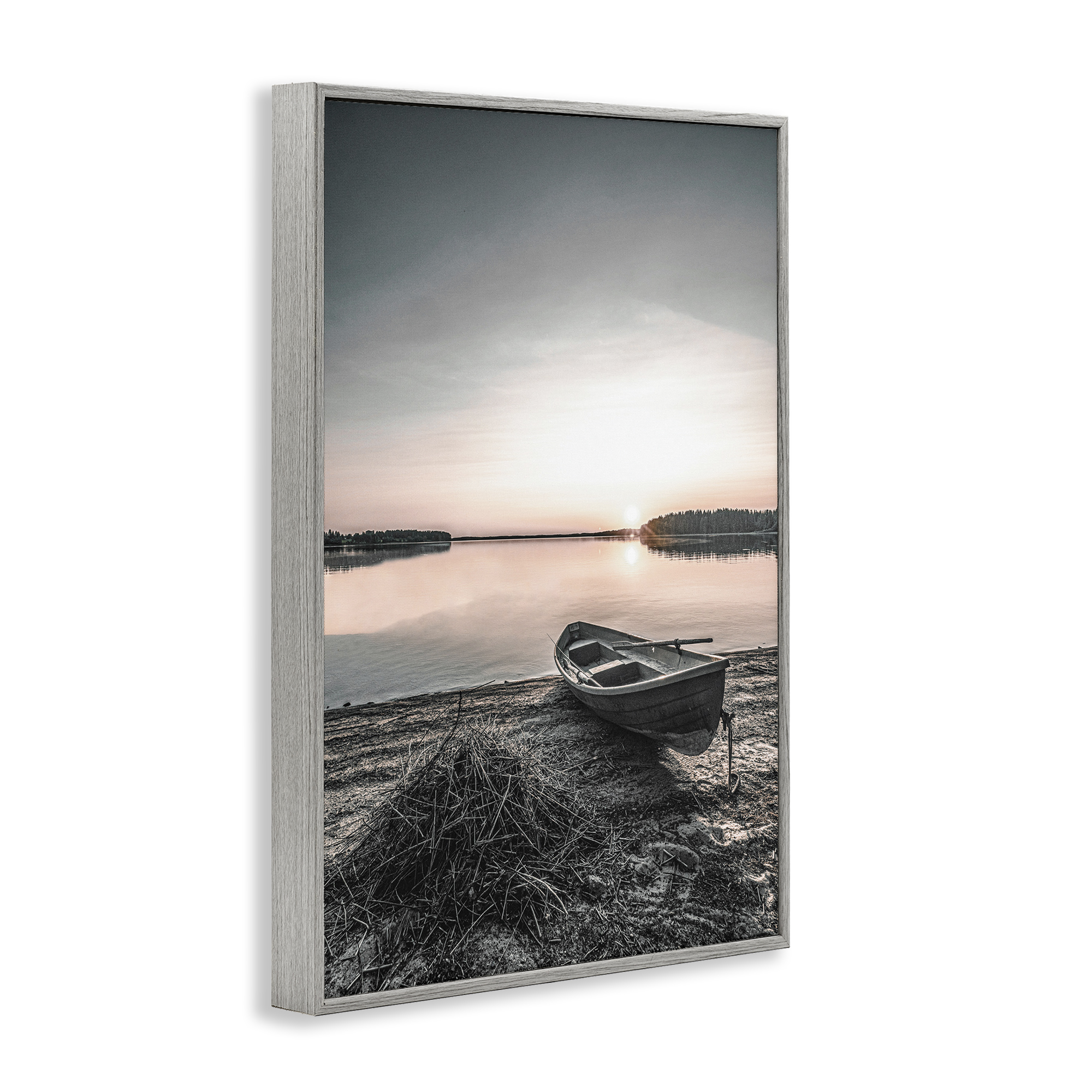 Stupell Industries Deserted Canoe on Shore Landscape Photography Gray Framed Art Print Wall Art, 20 x 30