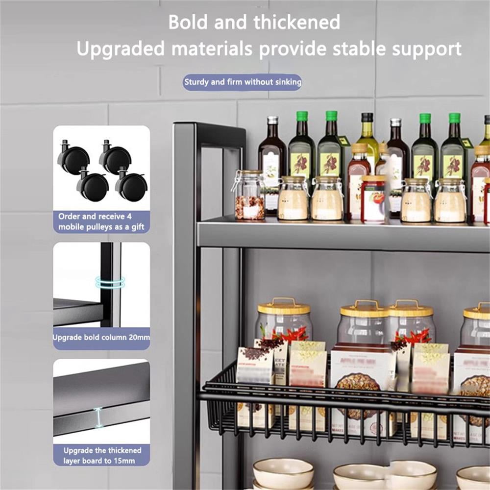 WOWDVOV 3-Tier Kitchen Storage Shelves, Metal Shelf, Adjustable Storage Shelf with Wheels, 23.62"x30.31"x12.99" Living Room Shelf, Kitchen Shelf with 2 Baskets, Black
