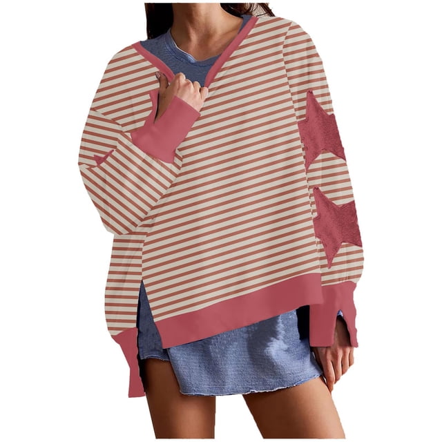 Timegard Womens Crewneck Sweatshirts Striped Long Sleeve Side Split Pullover Fall Casual Loose Tops
