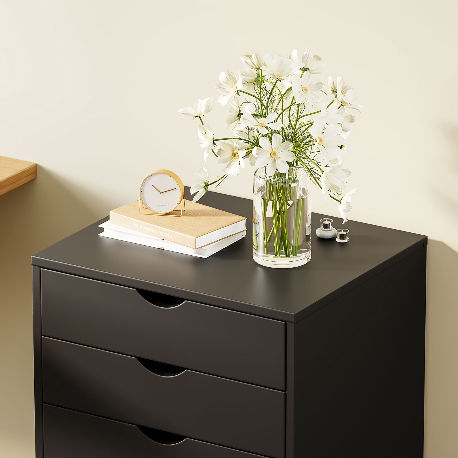 EDX 7 Drawer Storage Cabinet - Solid Wood Mobile Dresser and Filing Cabinet for Bedroom/Office and Home Office Under Desk on Rollers, Black
